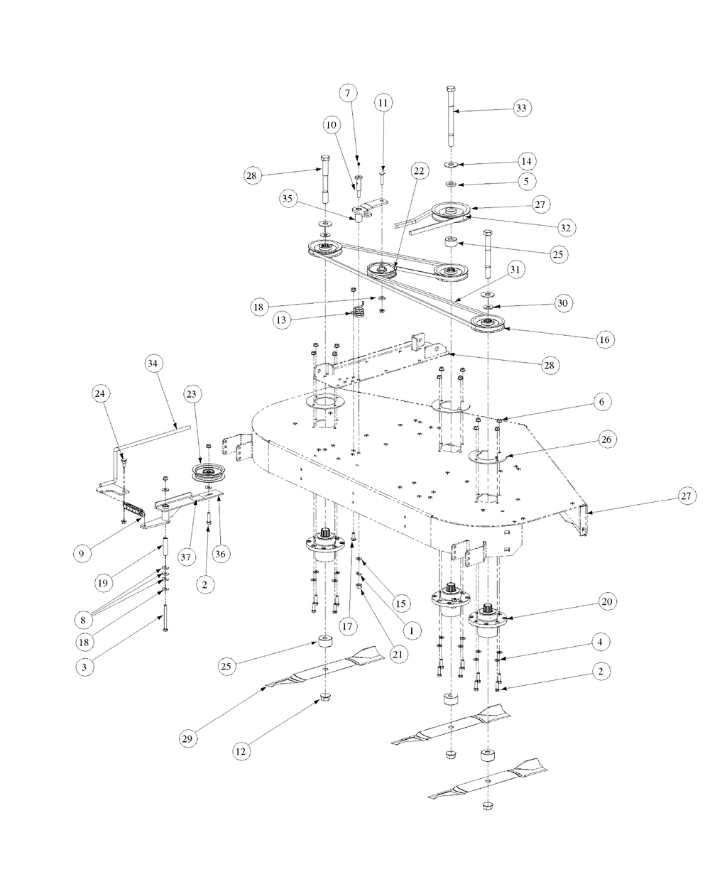 Fabricated Deck Spindle Assembly Diagram and Parts List for M60-KW ROPS-53BH5D8X750-25HP-OHV Cub Cadet Lawn Tractor